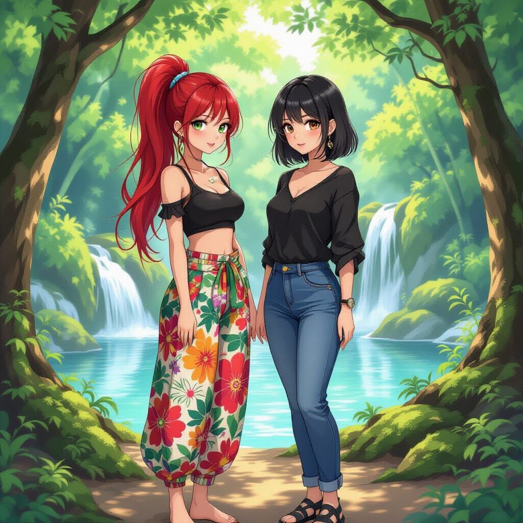 Women by Erawan Falls in Anime Style