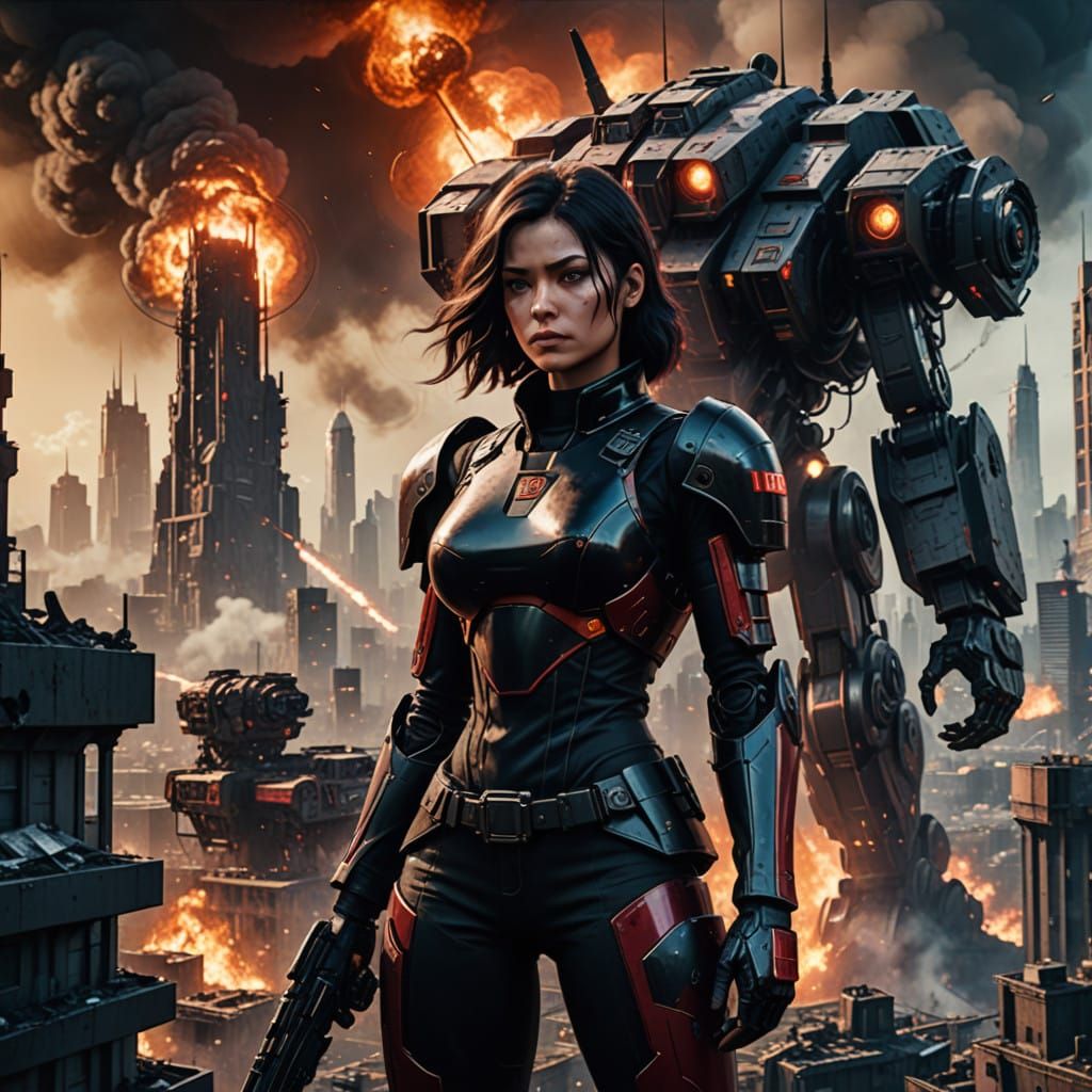 Cyberpunk Warrior Towers Over Blazing Metropolis