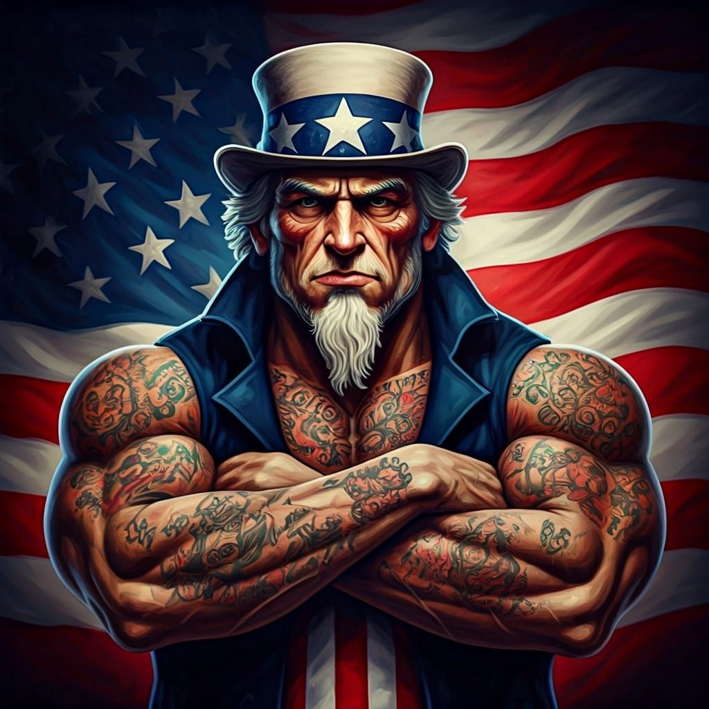 Hyperrealistic Painting: Muscular Uncle Sam with Tattoos
