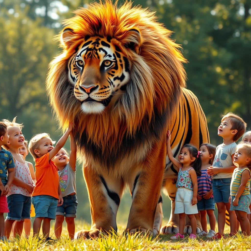 Majestic Liger Surrounded by Delighted Children