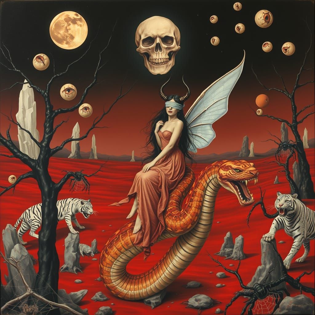 Surreal Desert Serpent Rider: A Dali-Inspired Vision