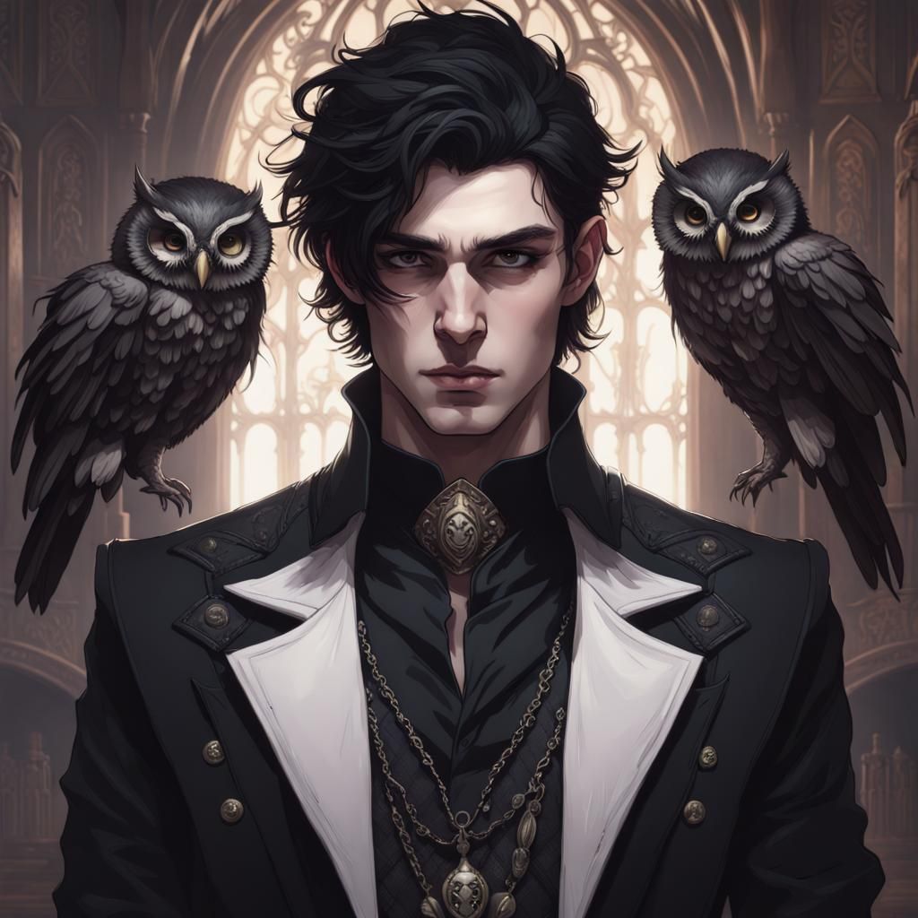 Gothic Young Man Portrait with Owls