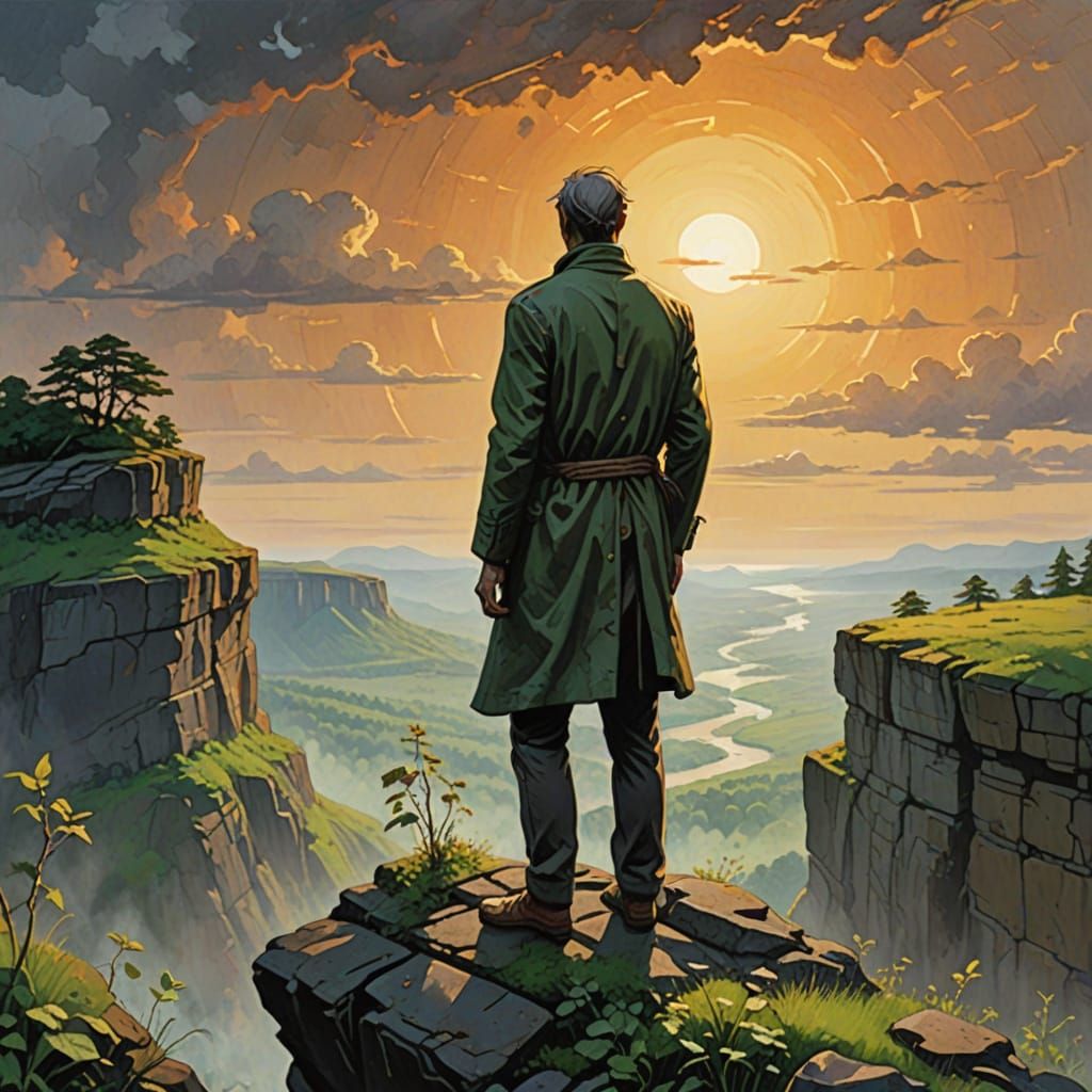 Defiant Figure Overlooking Hopeful Sunrise