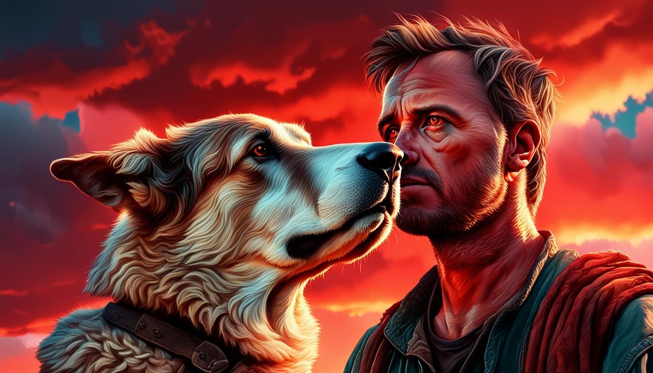 Shepherd in Red Sky: Hyper-Realistic Digital Art
