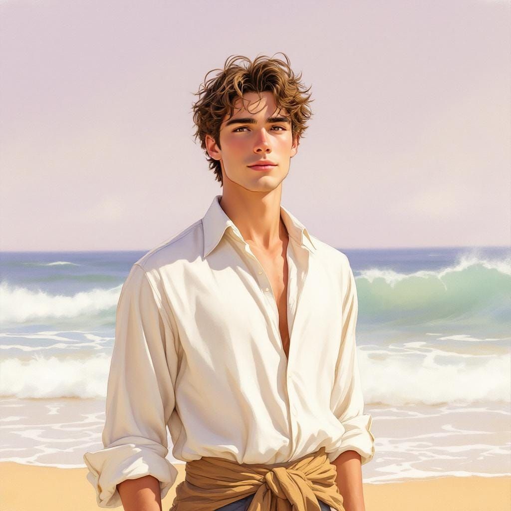 Handsome Prince on Sun-Kissed Beach in Watercolor Style