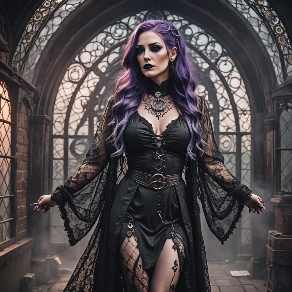 Gothic Woman with Purple Hair in Steampunk Style