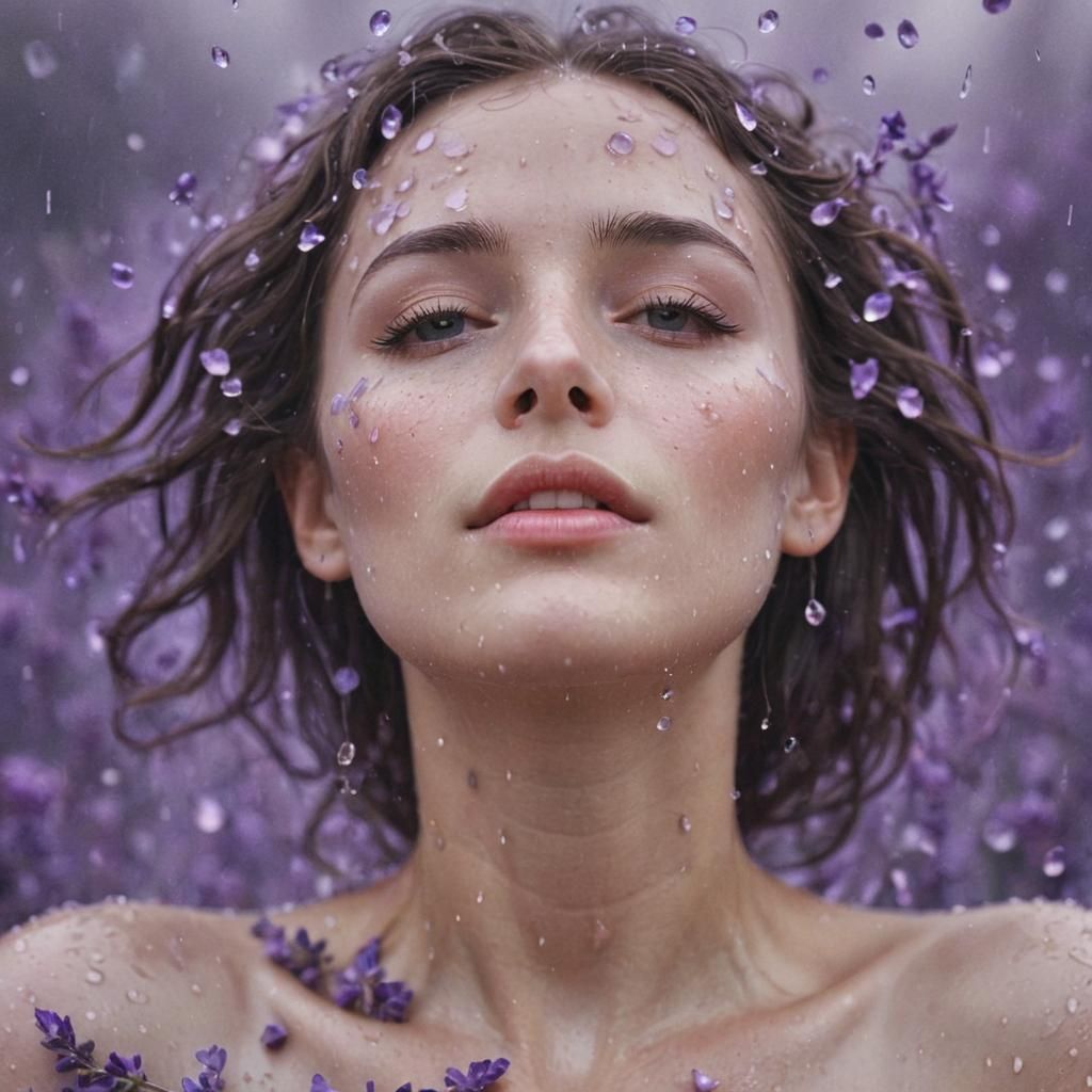 Ethereal Woman in Dreamy Lavender Rain: Digital Art