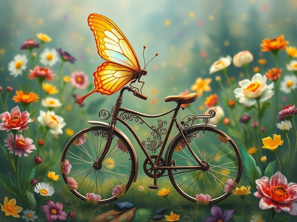 Whimsical Butterfly Bicycle in an Impressionist Garden