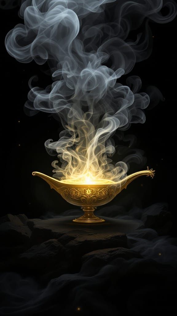 Mystical Genie Unveiled from Ancient Golden Vessel in Dark C...