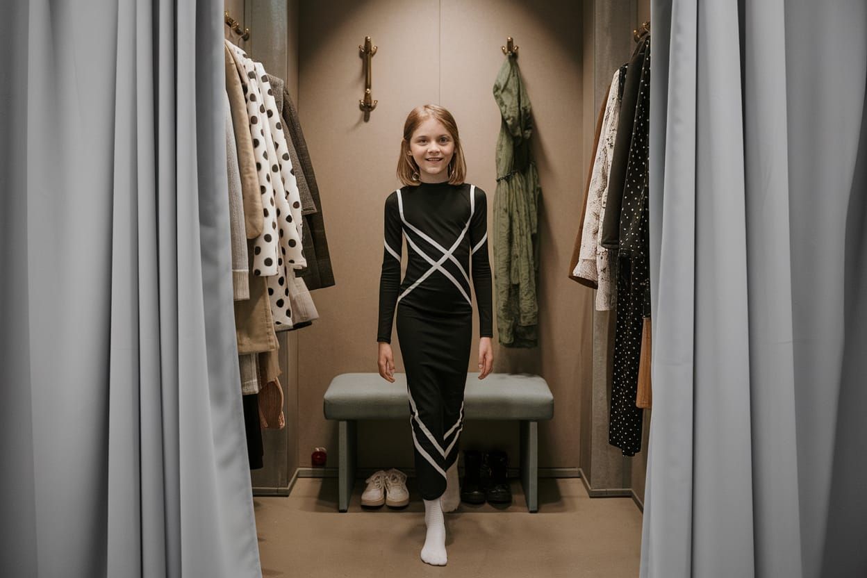 Girl Exits Fitting Room, Surrounded by Clothing