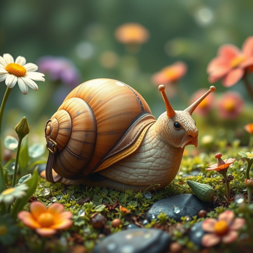 Snail Explorer in Alphonse Mucha Style Garden