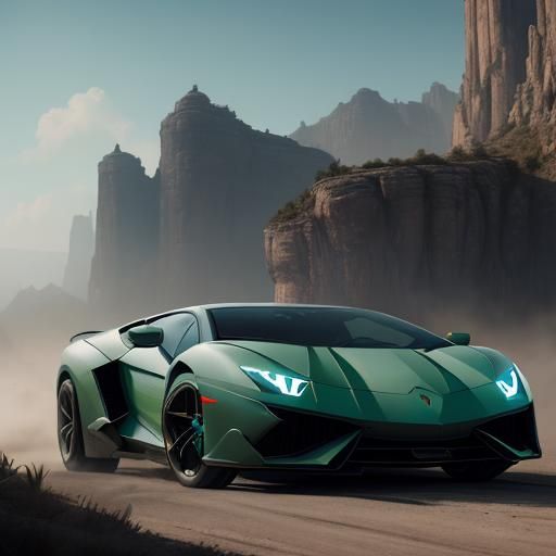 Lamborghini Car in Sci-Fi Landscape, Stalenhag Style