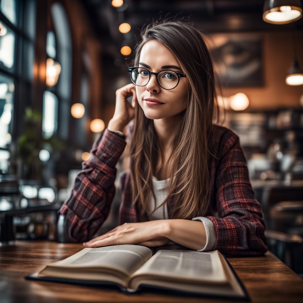 Hyperrealistic Woman Reading in Coffee Shop