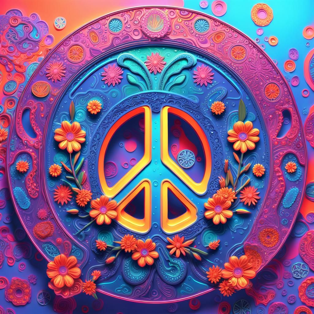 Psychedelic Peace Sign in Retro-Futuristic Neon Style