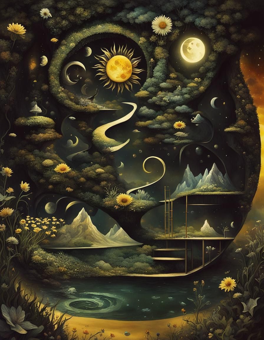 Surreal Yin Yang Hourglass Maze in Watercolor Style