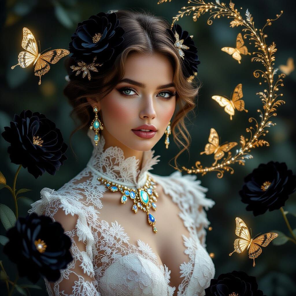 Photorealistic Woman Portrait with Fractal Lace and Golden B...