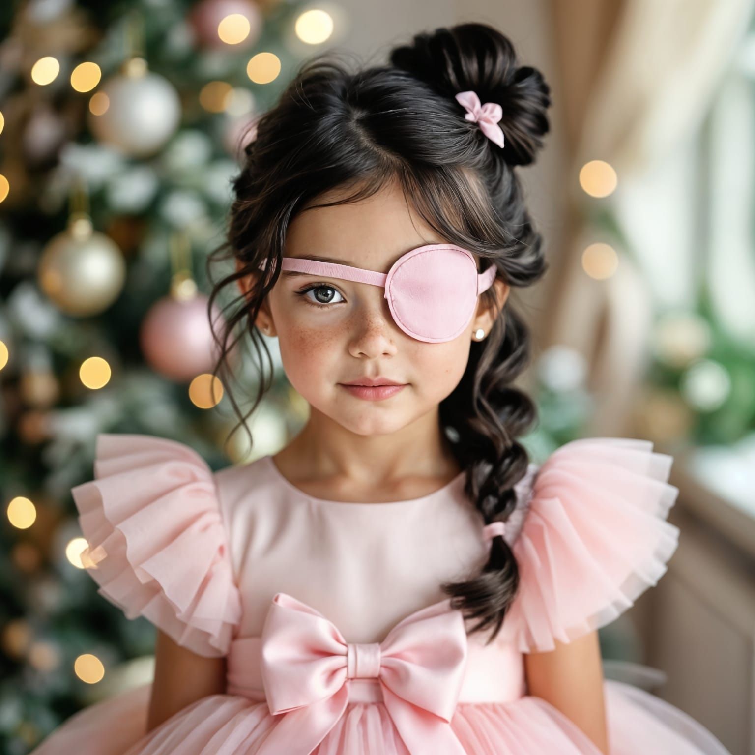 Cute Girl in Pastel Christmas Dress with Eyepatch
