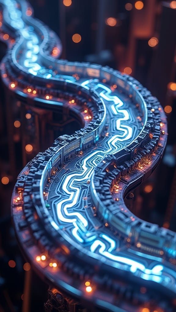 Futuristic Marble Music Machine with Neon Lights and Gears