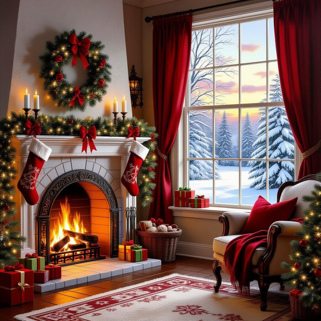 Cozy Christmas Scene in Realistic Oil Painting Style