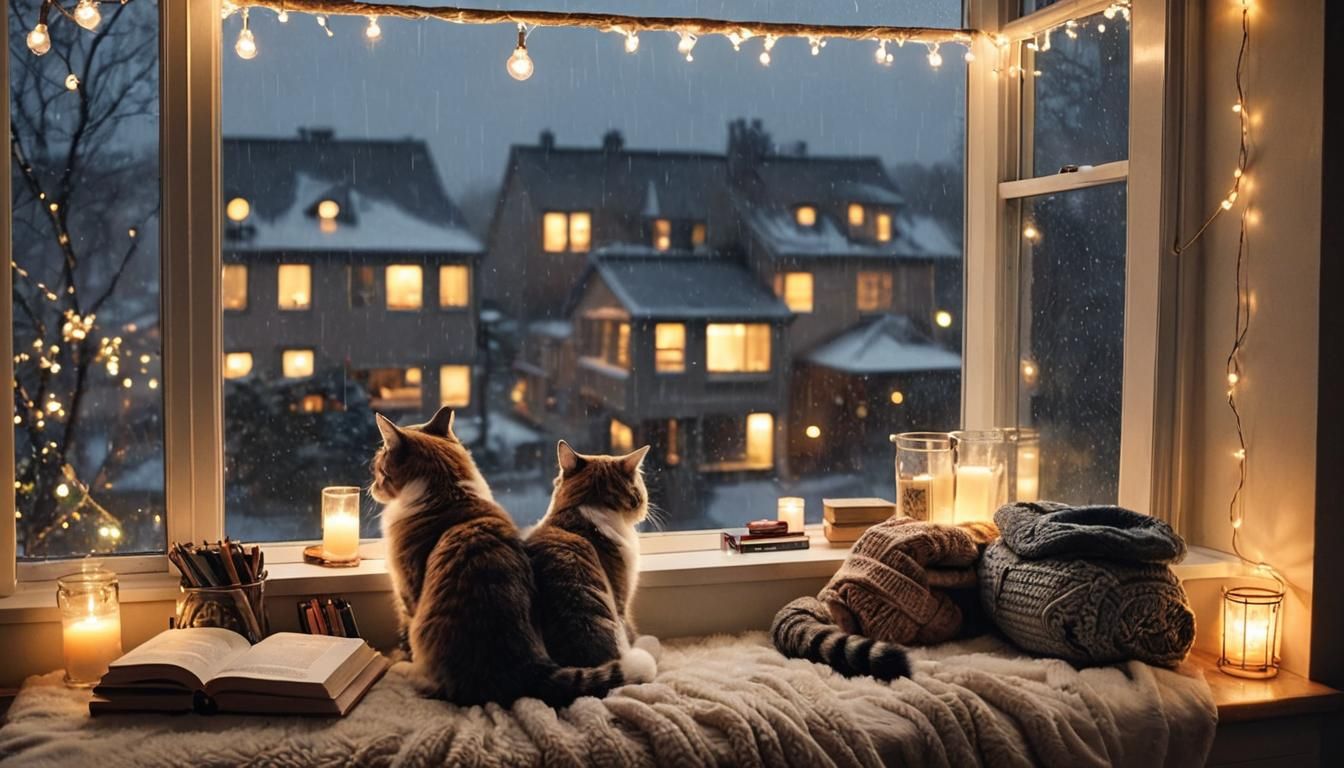 Cozy Rainy Night Reading Nook with Cat