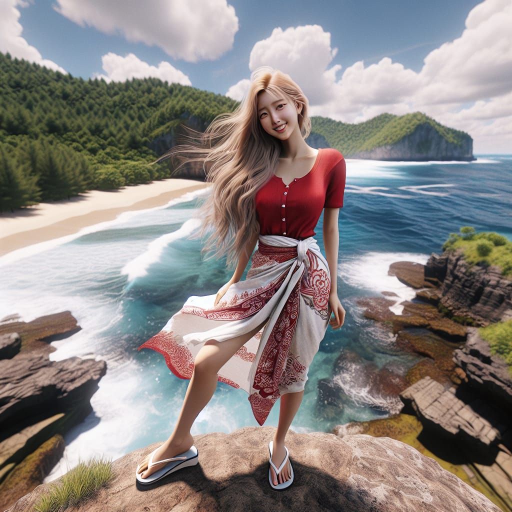 Korean Girl in Batik Sarong, 3D Rendered Scene
