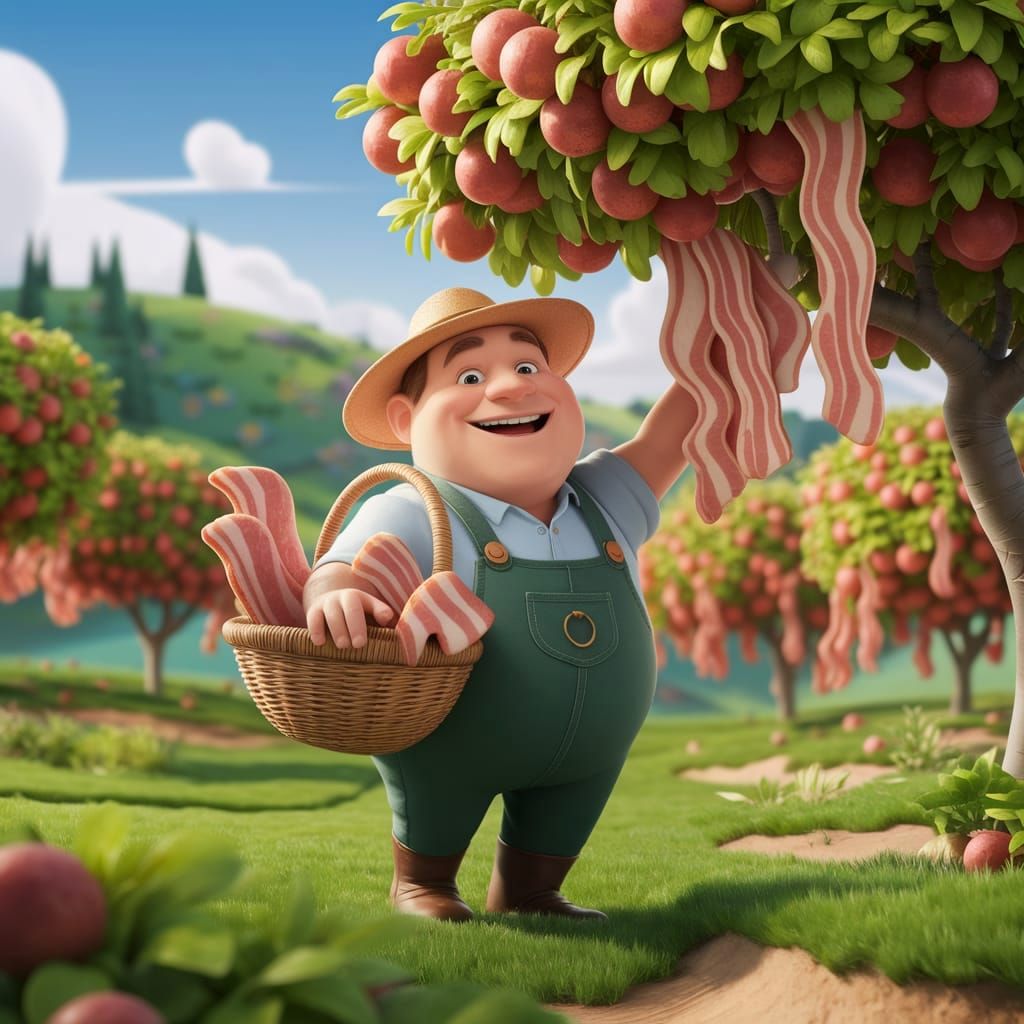 Pixar-Style Farmer Picks Golden Brown Bacon in Enchanted Orc...