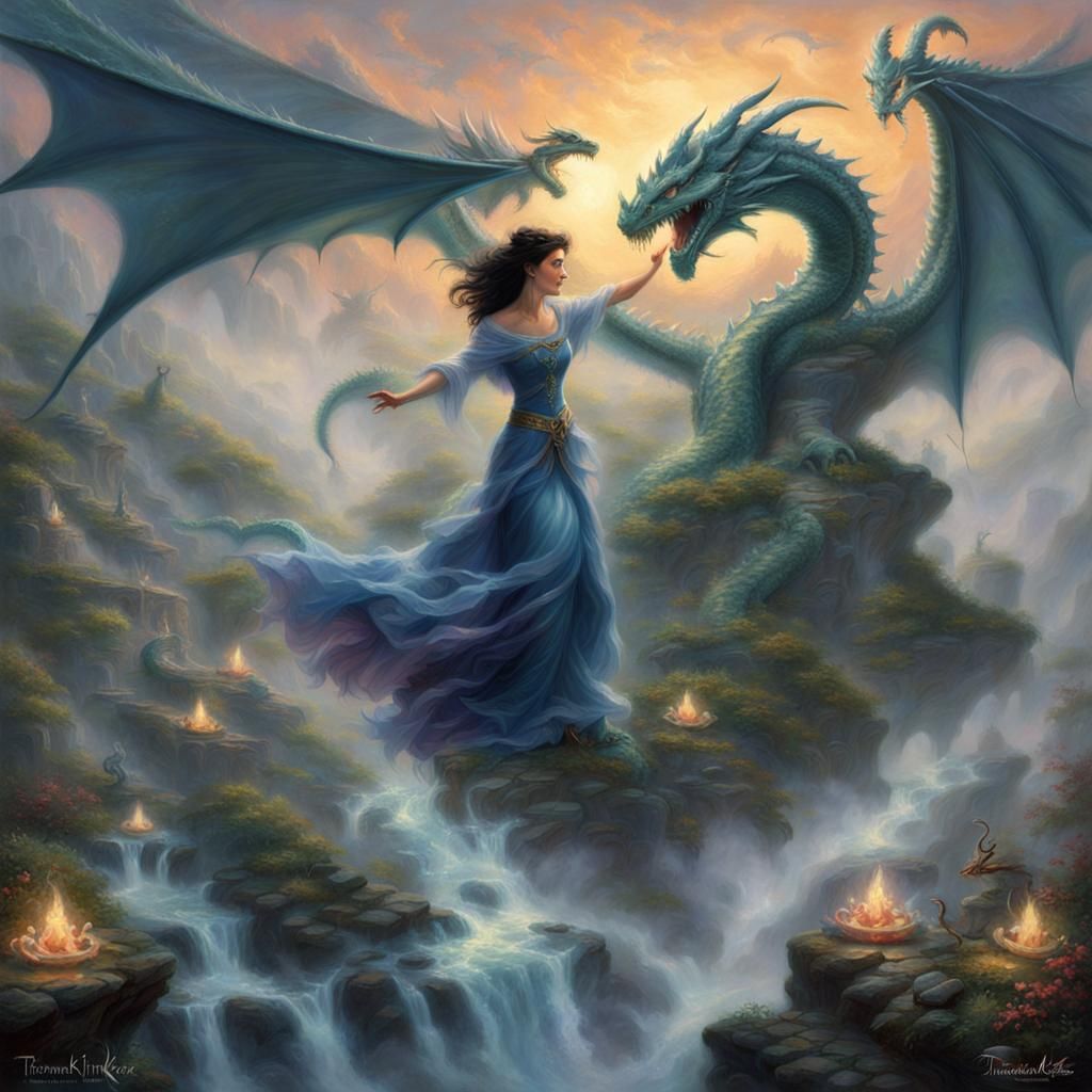 Ethereal Woman Dancing with Dragons in Fantasy Landscape