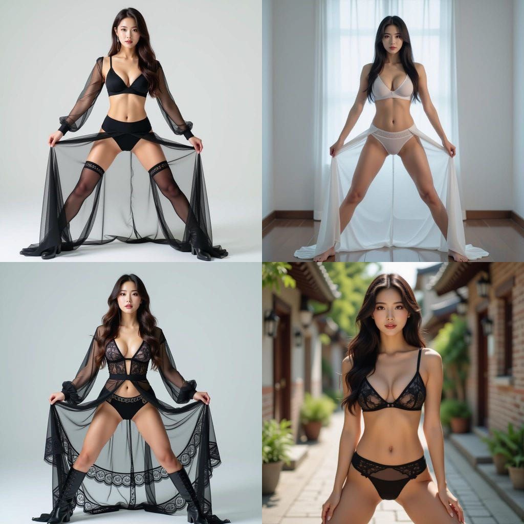 Korean Woman in See-Through Outfit, Full Body Shot