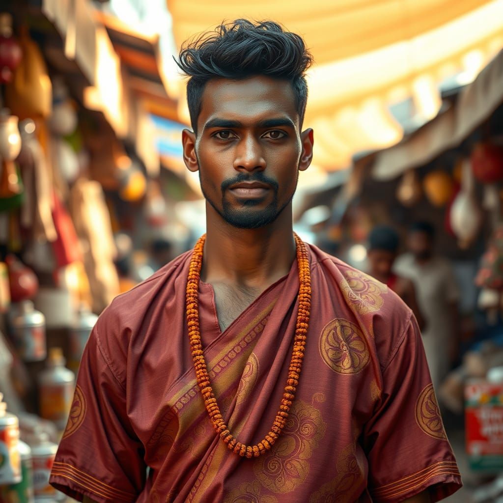 Sri Lankan Man in Traditional Attire, Marketplace Scene
