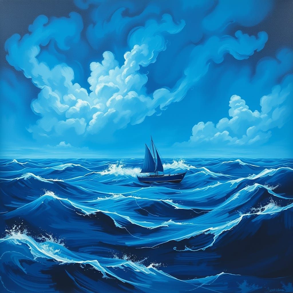 Surreal Blue Boat Sails Stormy Dreamscape