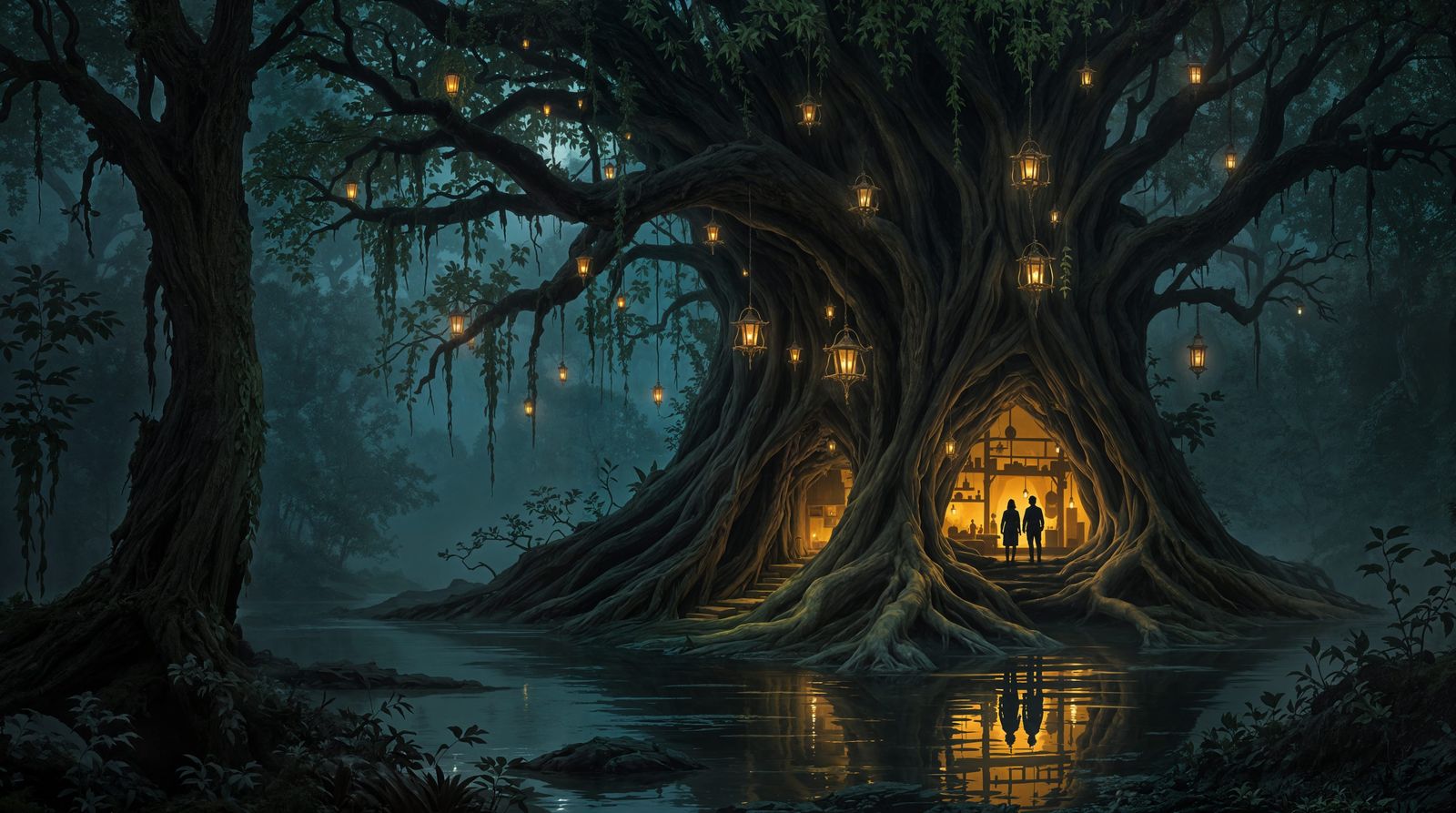 Ancient Willow Sanctuary Illuminated by Lanterns