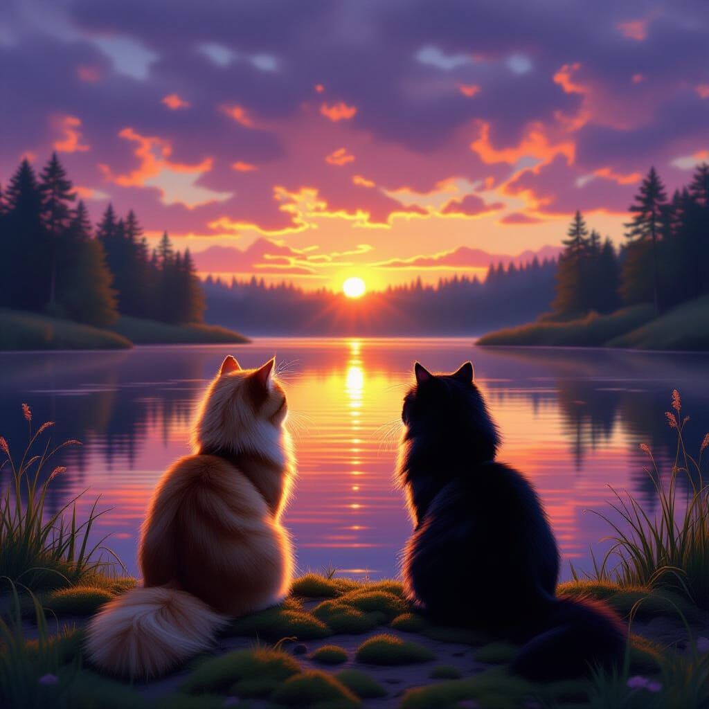 Cats Watch Fiery Sunset Over Tranquil Pond