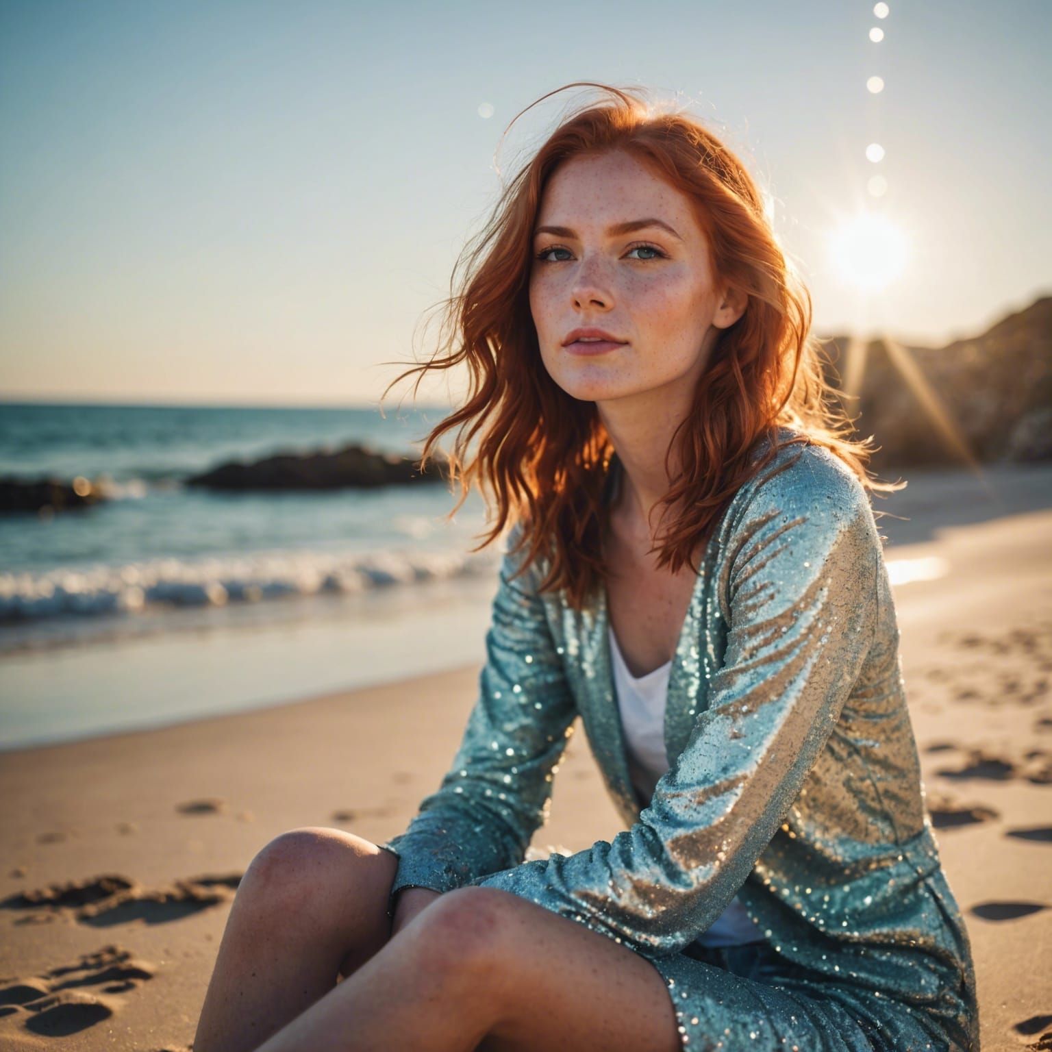 Redhead Woman on Picturesque Beach with Lens Flare