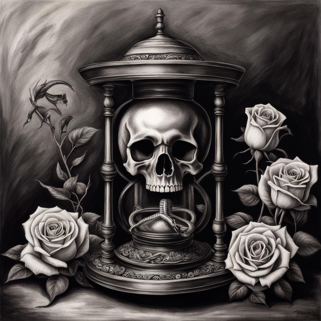 Hourglass with Snake, Roses and Skull Drawing