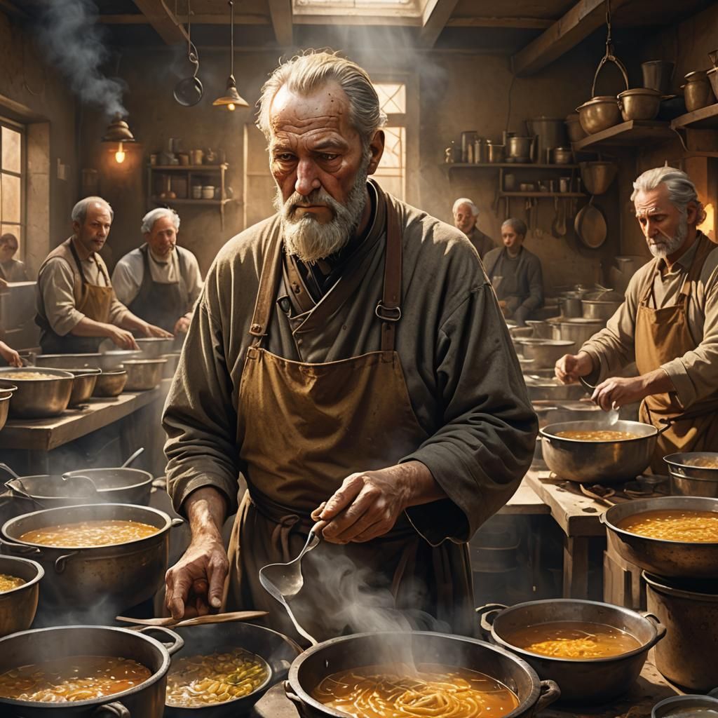 Compassionate Father Durnen in Sunlit Soup Kitchen