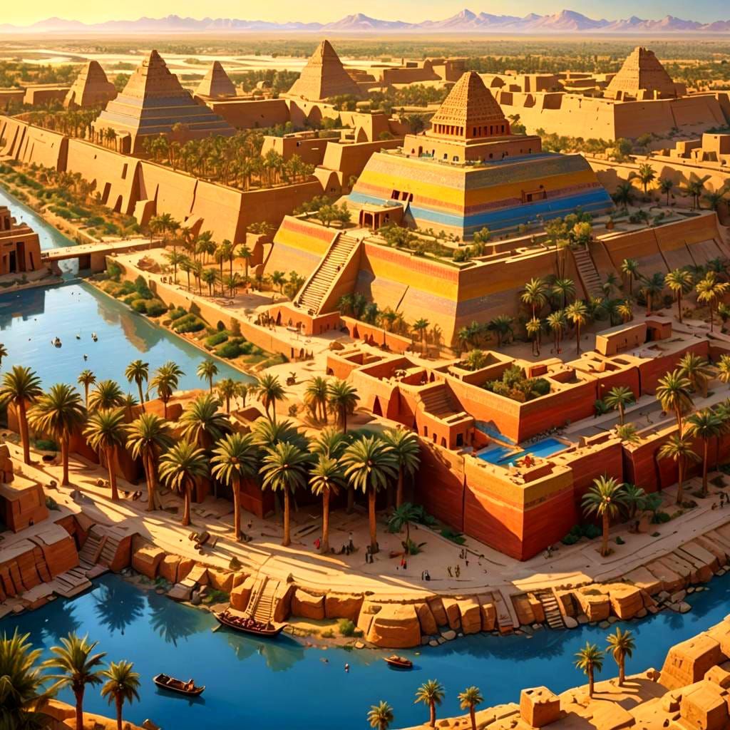 Colorful Babylonian City with Ziggurats in Golden Light