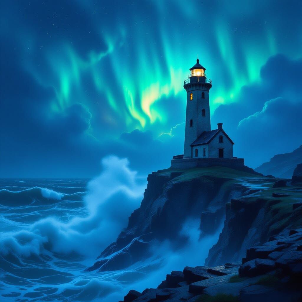 Mysterious Lighthouse in Bioluminescent Storm