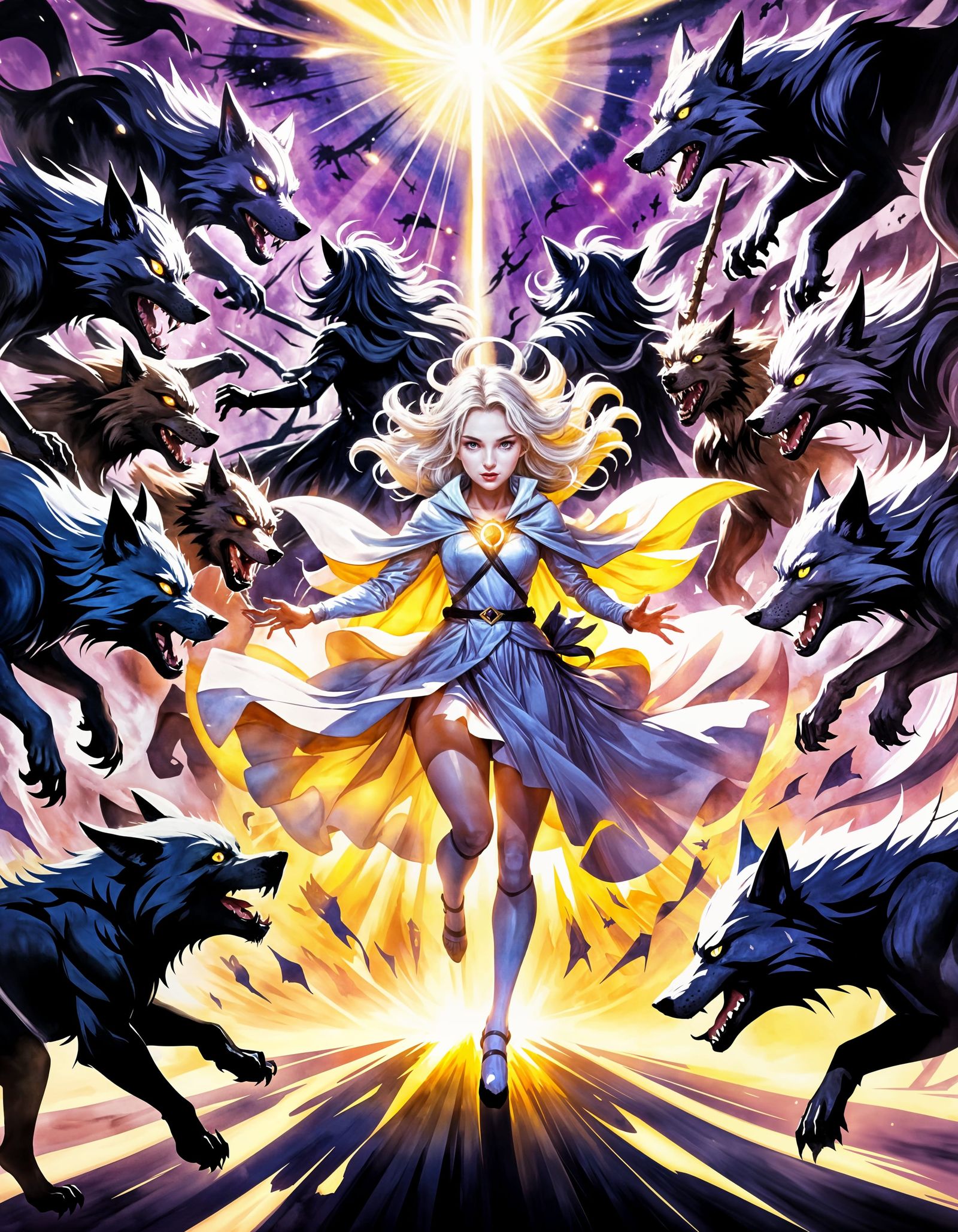 Ethereal White Witch Battles Dark Shadow Werewolves in Vibra...