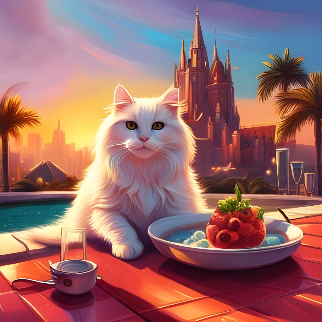 Maine Coon Cats Enjoying Milk Cocktails by the Pool