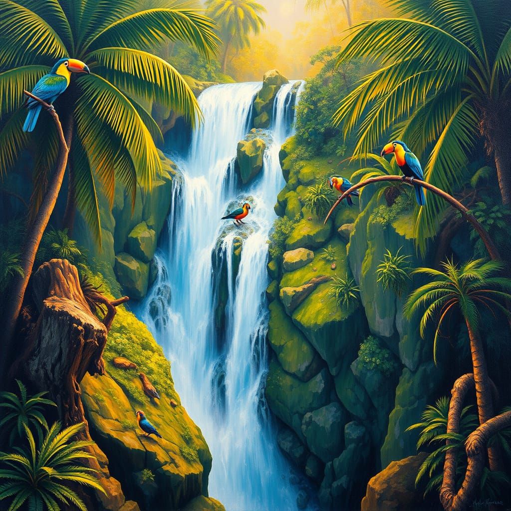Tropical Oasis with Vibrant Waterfall and Colorful Birds