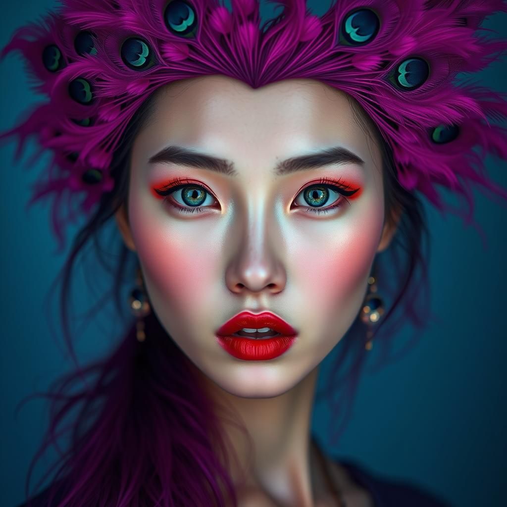 Hyperrealistic Portrait of Asian Woman with Peacock Hair