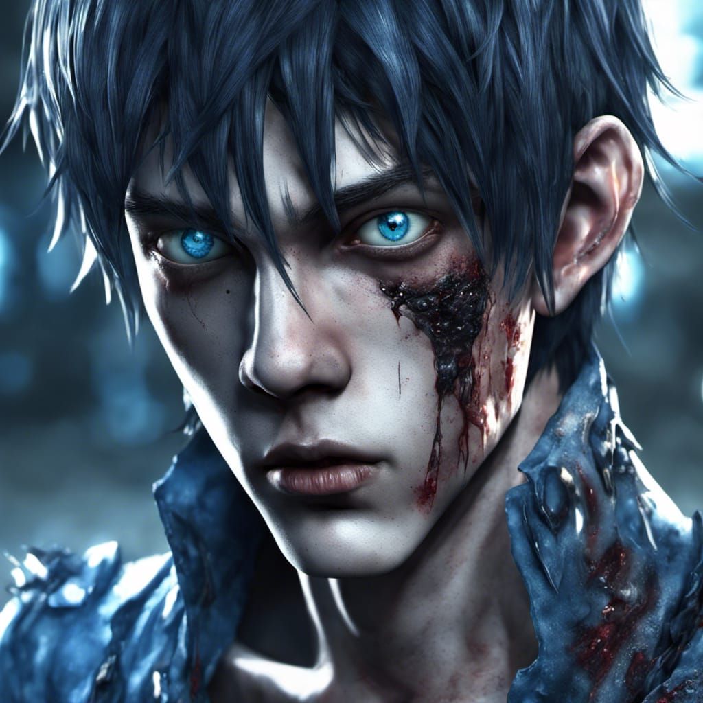 Anime Zombie Portrait with Blue Skin and Shimmering Eyes
