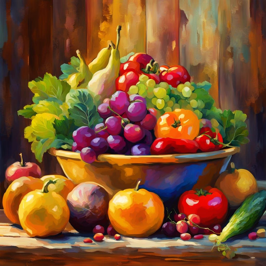 Warm Impressionist Still Life with Fruits and Vegetables