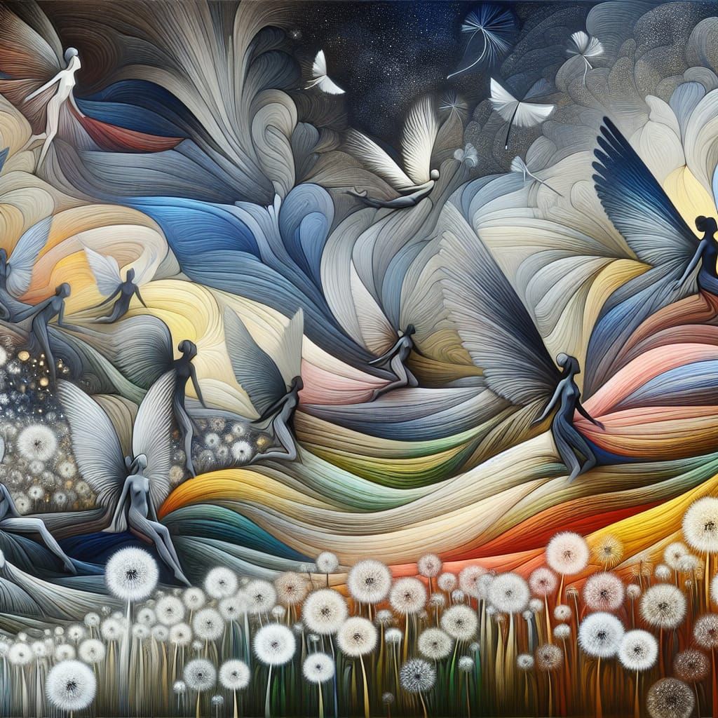 Winged fairies   in a Million Dandelion dreamscape,  making wishes  , Picasso's integrated flowing composition, colorize...
