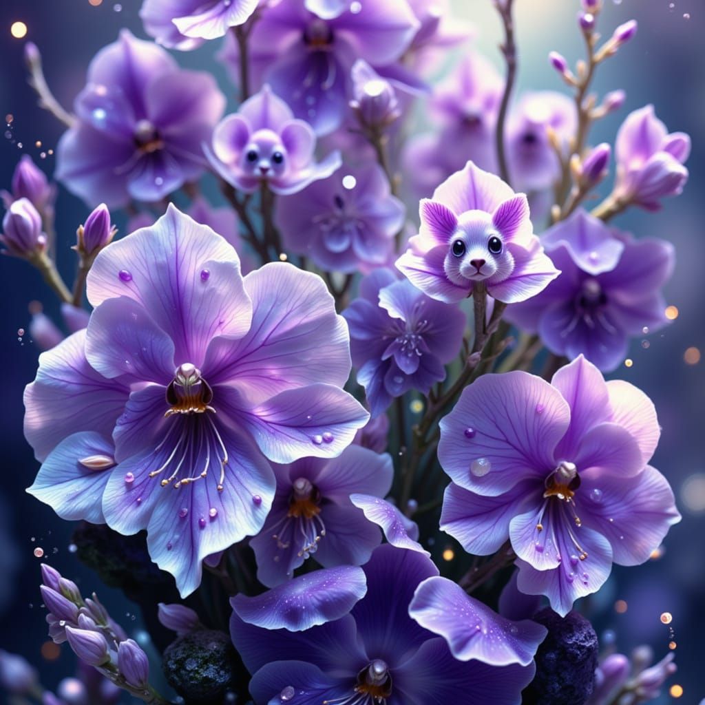 Whimsical Cat-Faced Flowers in Magical Botanical Art Style