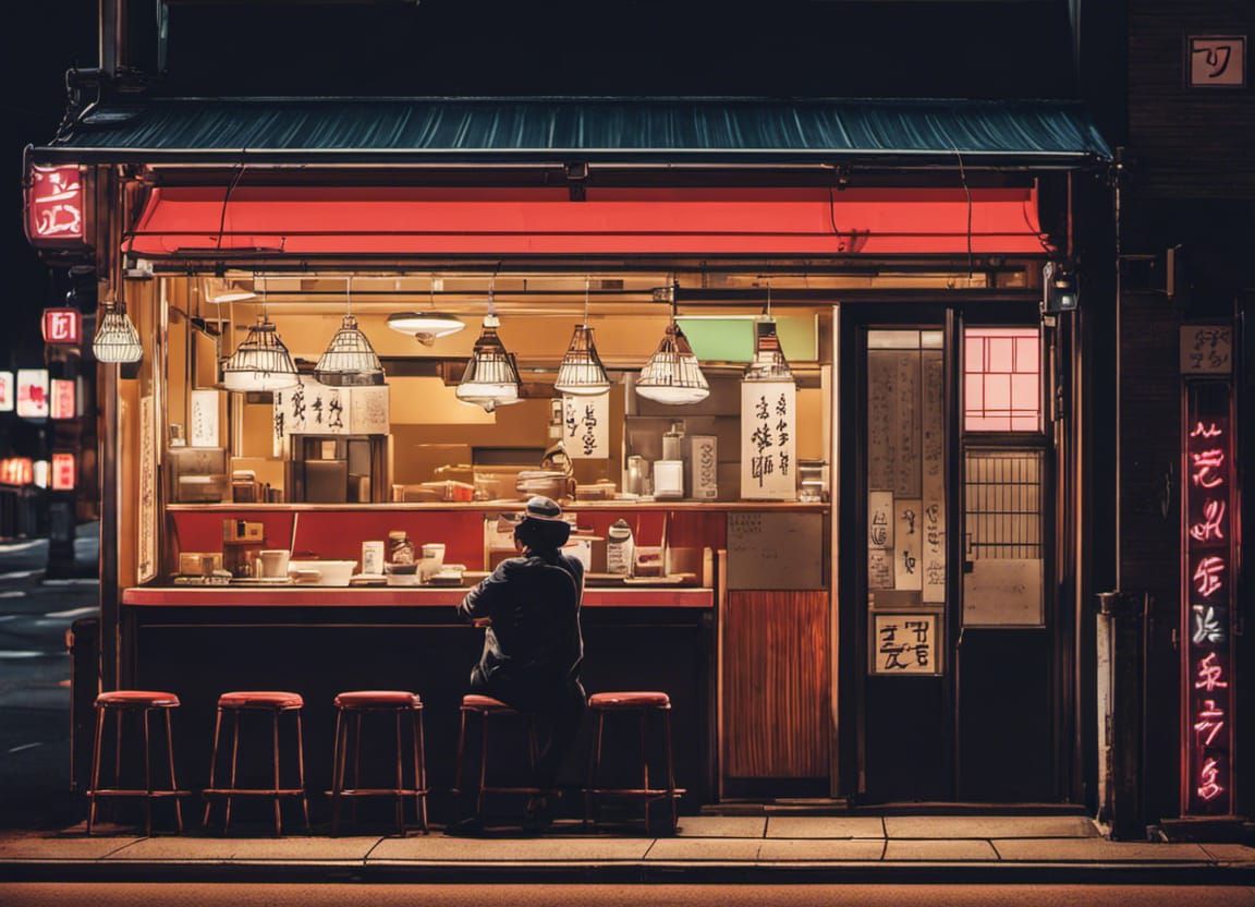 Neon Lit Tokyo Noodle Bar in Hopper Style