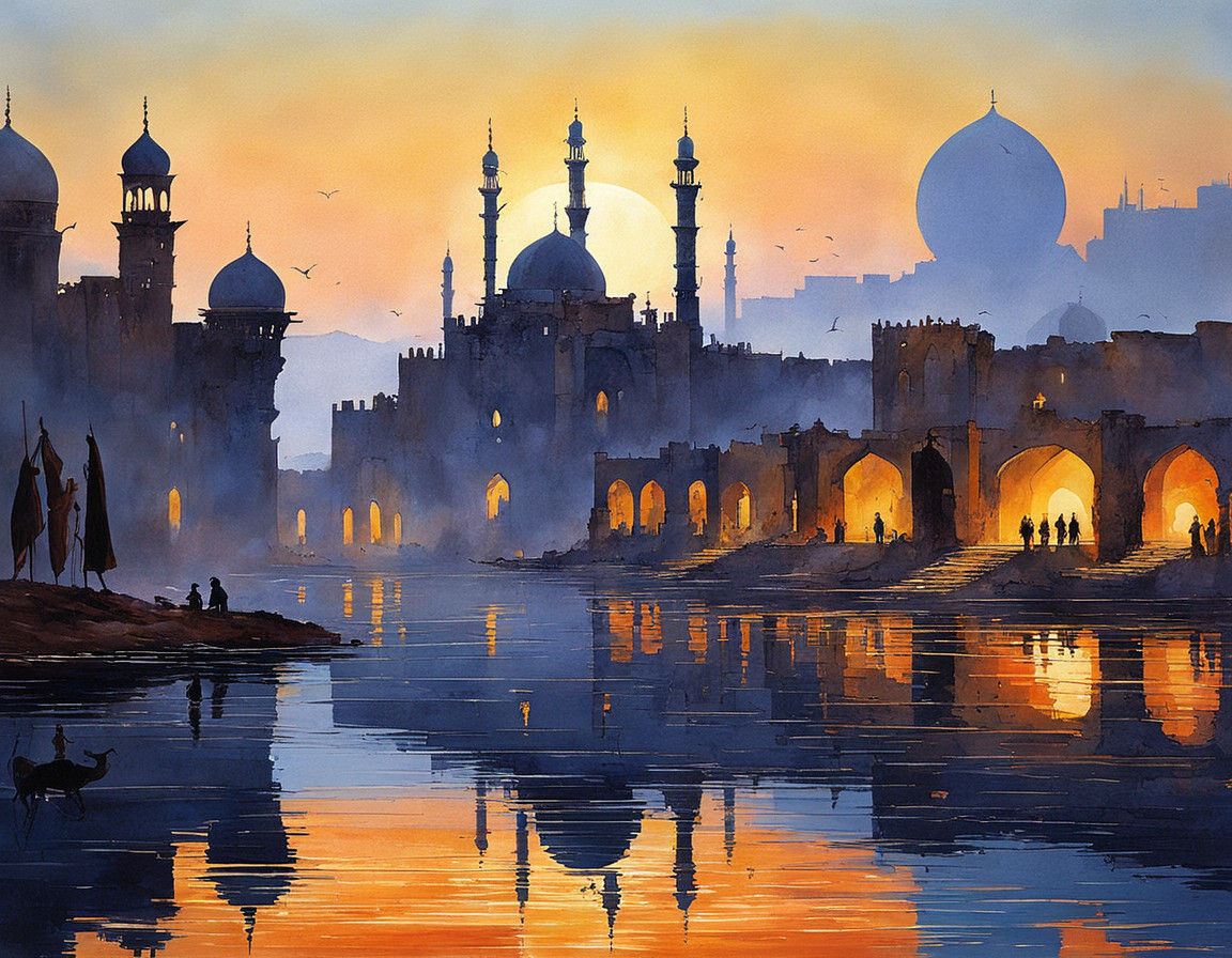 Ancient Arabian City Reflected in Sunset Lake