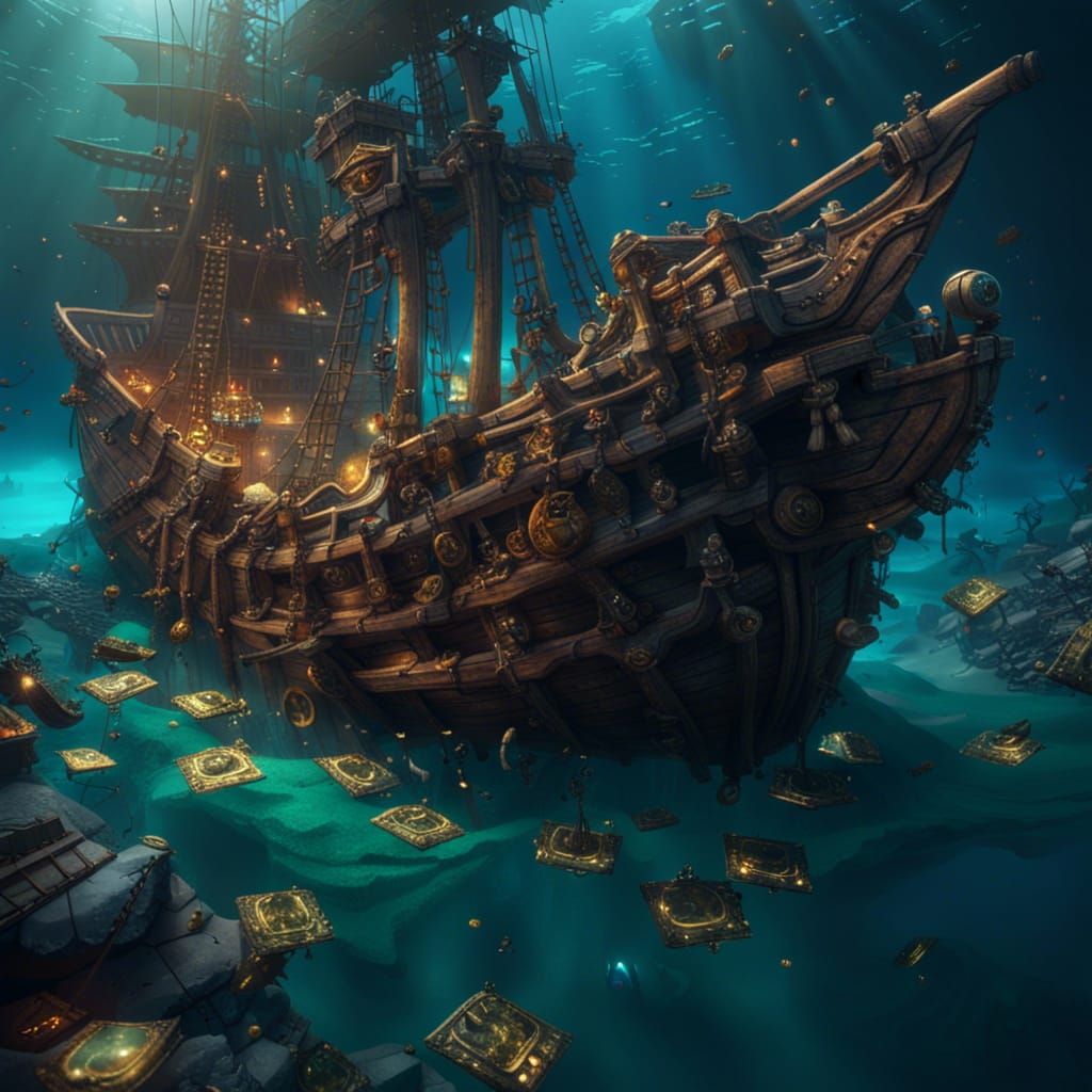 Sunken Pirate Ship with Treasure in Detailed Matte Painting