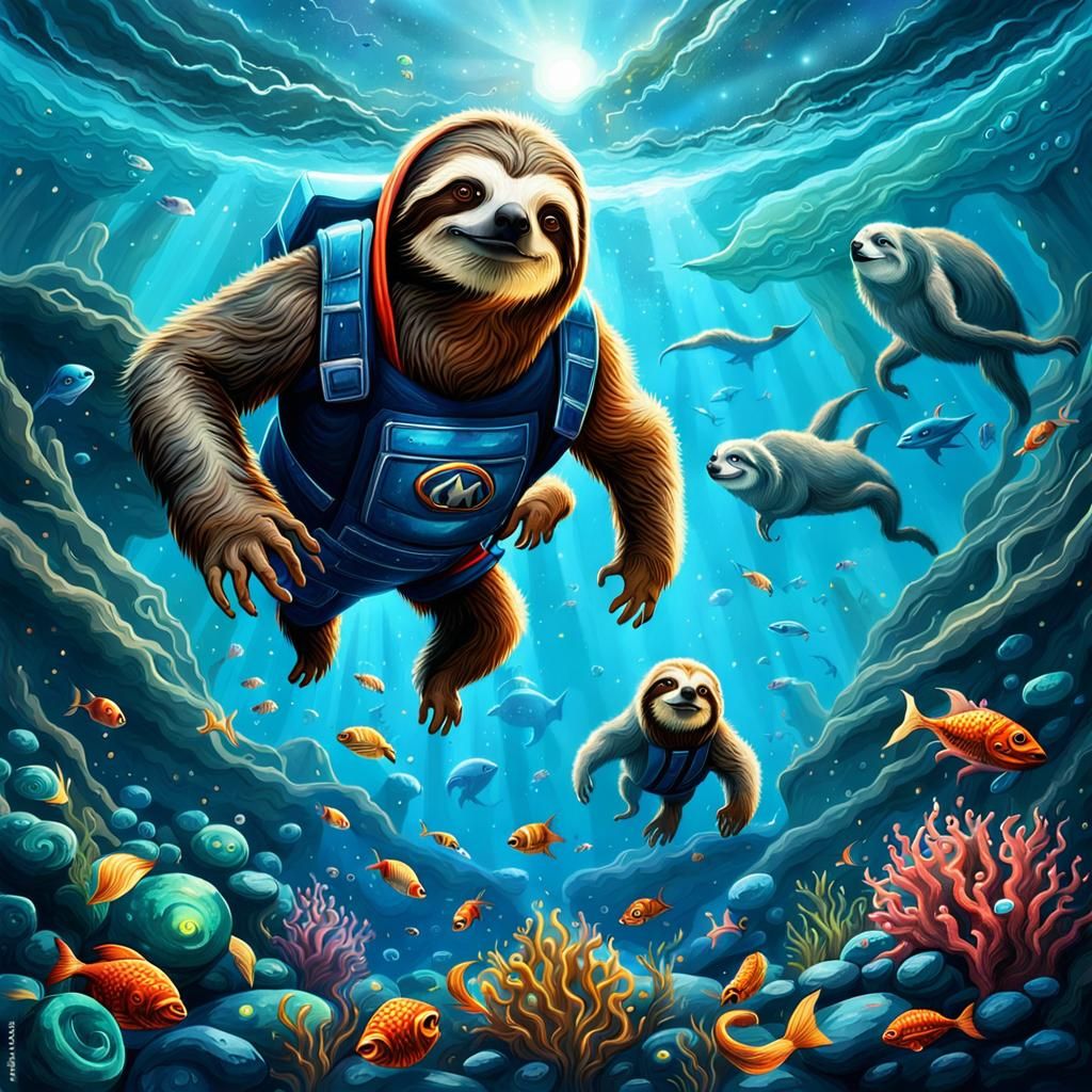 Sloth Superhero in Underwater Space Kingdom