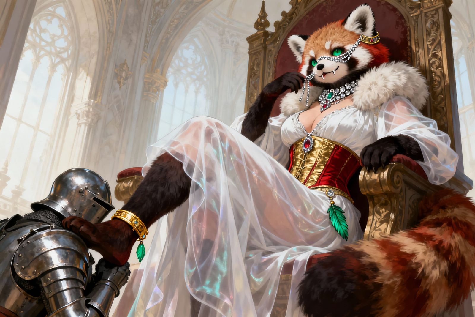 Furry Red Panda Queen on Throne in Fantasy Palace